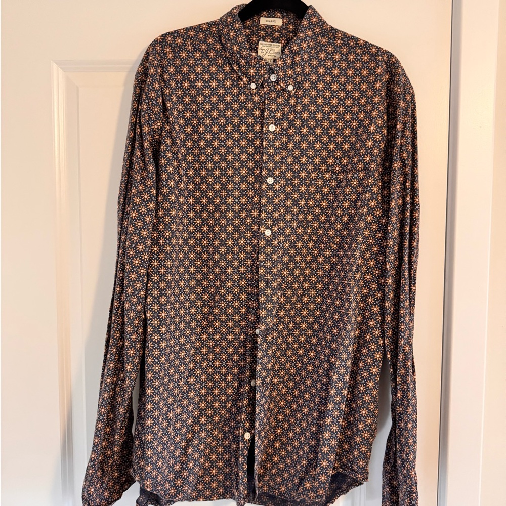 J. Crew Men's Navy and Orange Geometric Button-Down Shirt